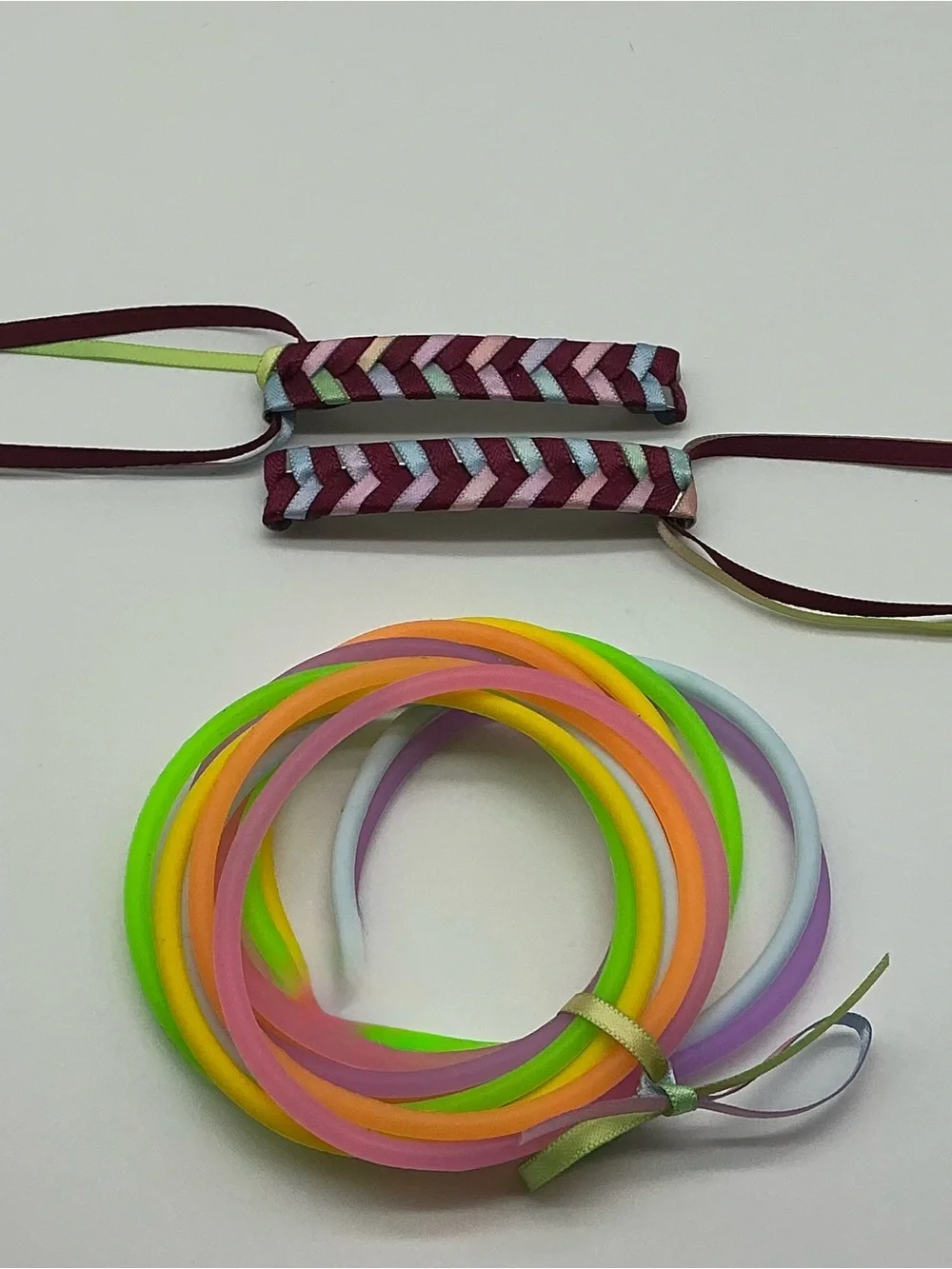 Dark Red and Pastel Rainbow 80s Barrettes & 12 Jelly Bracelets